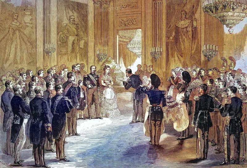 Stay of the Court in Compiegne, the Empress's Feast. The officers present the Empress with bouquets of flowers, 1869, France, Historic, digitally restored reproduction of an original 19th century master, exact original date unknown, Europe