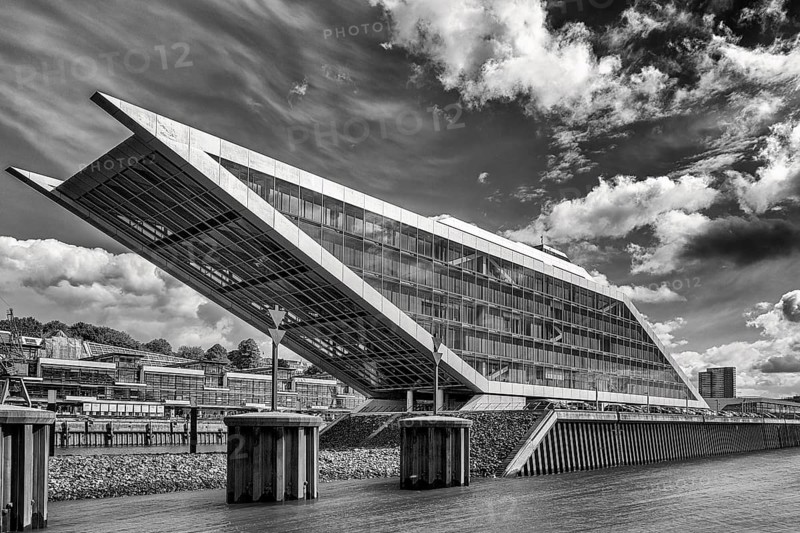 Striking Dockland office building, architects Bothe Richter Teherani, modern architecture, landmark in Hamburg harbour, monochrome, long exposure, Altona, Hamburg, Germany, Europe