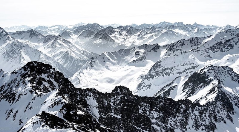 Peaks and mountains in winter, Sellraintal, Stubai Alps, Kühtai, Tyrol, Austria, Europe