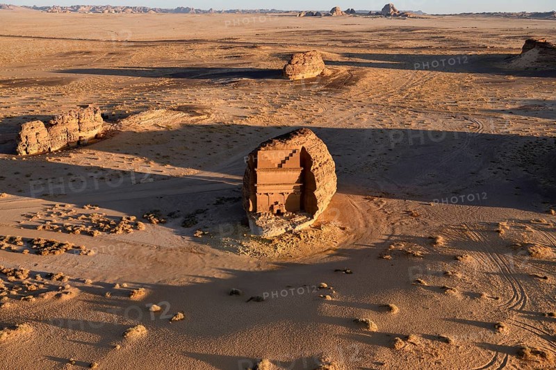 Qasr Al-Farid, 2000-year-old tomb of the Nabataeans, aerial view, Hegra or Madain Salih, AlUla region, Medina province, Saudi Arabia, Arabian Peninsula, Asia