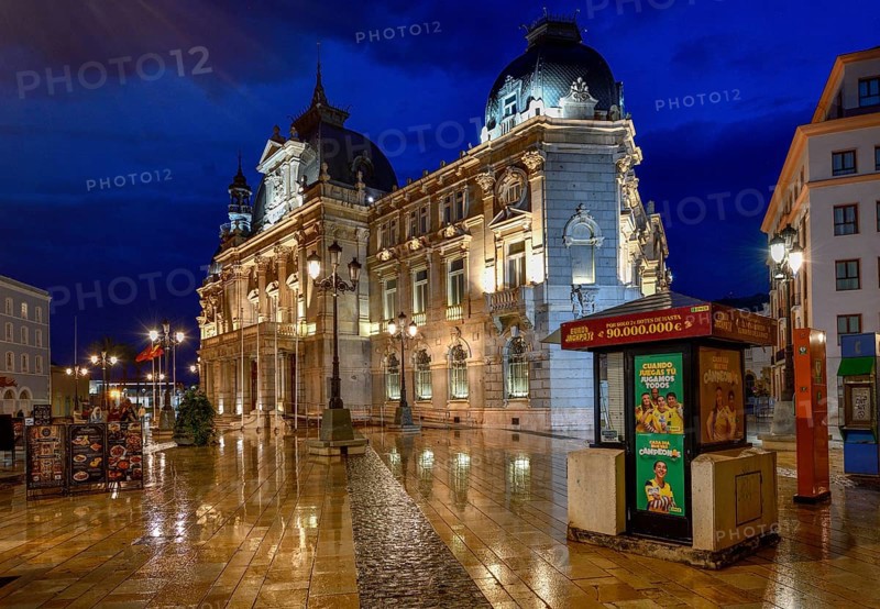 City Hall in the Palacio Consistorial, blue hour, Cartagena, Region of Murcia, Spain, Europe