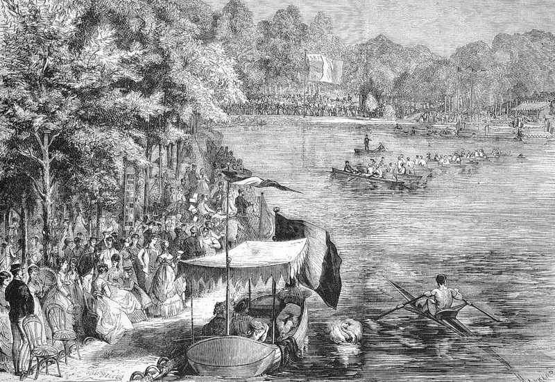 Competition of rowing clubs on the Bois de Boulogne lake in the west of Paris, 1869, France, Historic, digitally restored reproduction of an original 19th century artwork, exact original date unknown, Europe