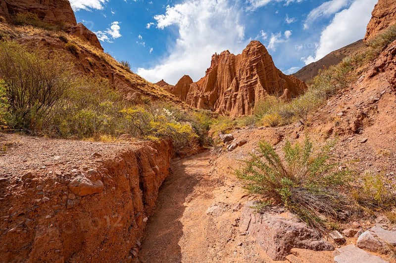 Eroded mountain landscape with sandstone cliffs, canyon with red and orange rock formations, Konorchek Canyon, Chuy, Kyrgyzstan, Asia