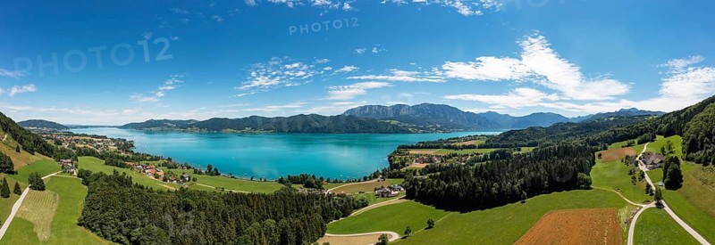 Drone shot, panorama shot, Nussdorf am Attersee with Höllengebirge, Salzkammergut, Upper Austria, Austria, Europe