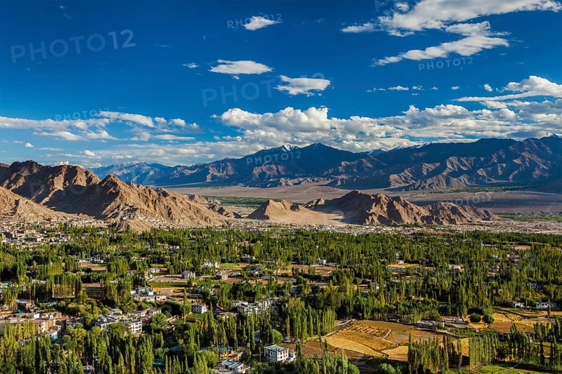 View of Leh from above from Shanti Stupa on sunset. Ladakh, Jammu and Kashmir, India, Asia