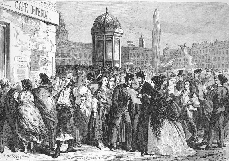 Distribution and reading of the Manifesto of the Junta, Manifeste de la Junta, 1869 in Madrid, Spain, Historic, digitally restored reproduction of a 19th century original, exact original date unknown, Europe