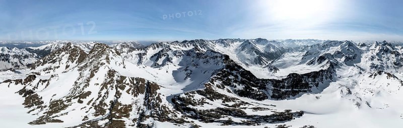 Alpine panorama, Sulzkogel, aerial view, peaks and mountains in winter, Sellraintal, Kühtai, Tyrol, Austria, Europe