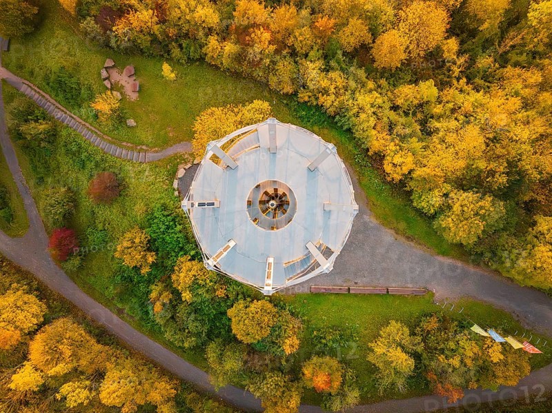 Aerial view of the Schönbuchturm in the autumn forest, Herrenberg, Germany, Europe
