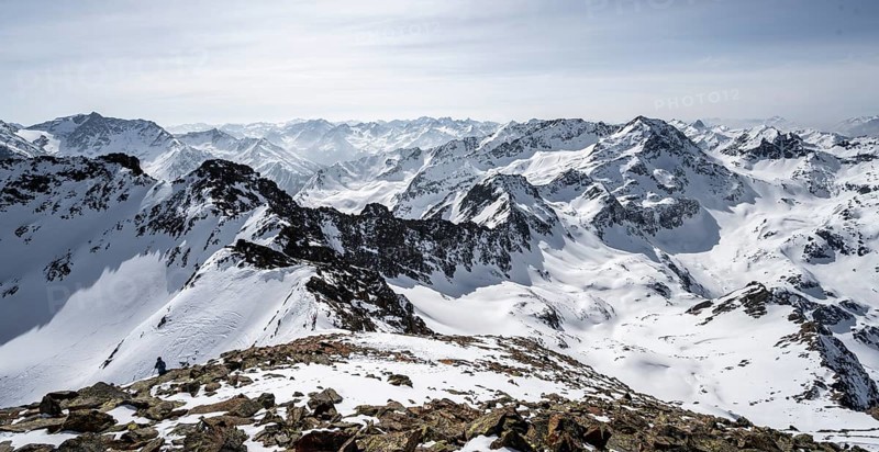View of snow-covered mountain panorama, view from Sulzkogel, in the back summit Gamskogel and Hochreichkopf, Kühtai, Stubai Alps, Tyrol, Austria, Europe
