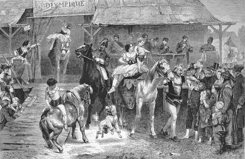 Parade in front of the circus, horses and acrobats amuse children and adults, 1869, Paris, France, Historic, digitally restored reproduction of a 19th century original, Europe