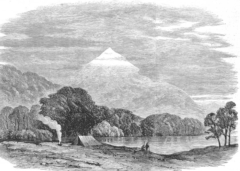 Camping on the Taramakau River, river on the border of the Grey District to the Westland District in the West Coast region on the South Island of New Zealand, Historic, digitally restored reproduction of a 19th century original, exact original date unknown