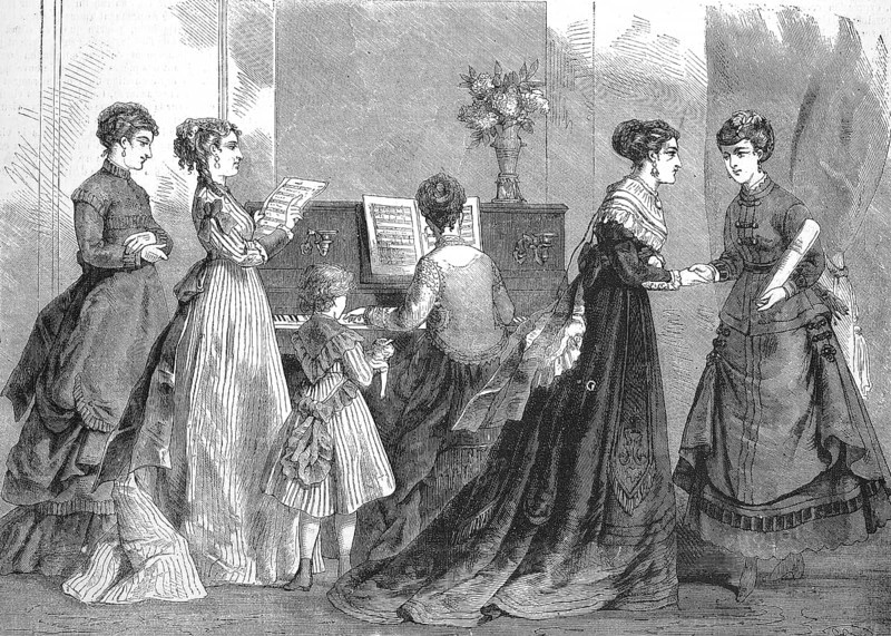 Distinguished woman in the fashion of the season, 1868, at the piano and singing, costumes and fabrics from the novelty shops of the city of Saint-Denis, France, Historic, digitally restored reproduction of an original 19th century master, exact original date not known, Europe