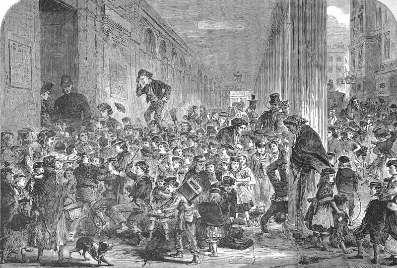 Crowd of children for the Christmas performance of the pantomime at the Drury-Lane Theatre, London, 1869, England, Historic, digitally restored reproduction of a 19th century original