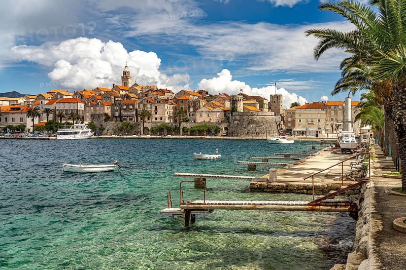 View of the old town and harbour of Korcula, Croatia, Europe