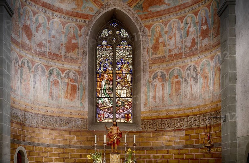 Interior view, painting in the apse, divided into three sections, choir, altar, stained glass windows, collegiate church Sankt Peter und Paul, Niederzell, Insel Reichenau, Landkreis Konstanz, Baden-Württemberg, Germany, Europe