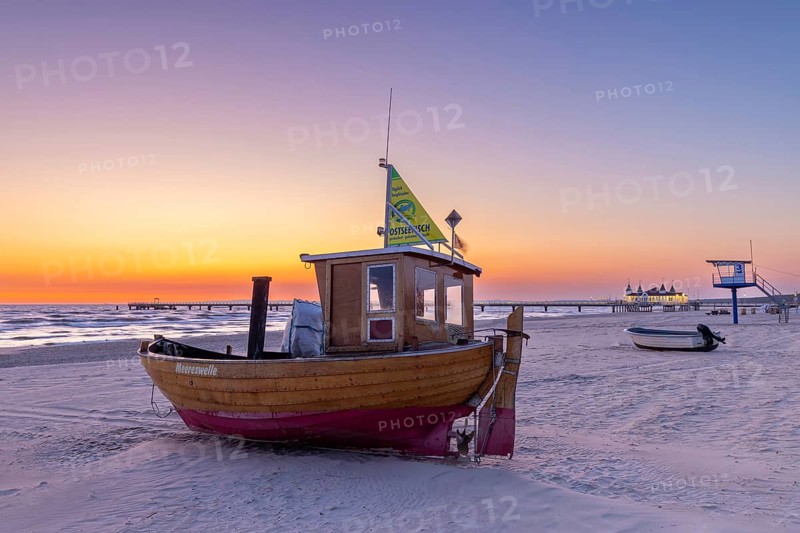 Traditional wooden fishing boat on the beach along the Baltic Sea at Ahlbeck, Heringsdorf on the island Usedom, Mecklenburg–Western Pomerania, Germany, Europe