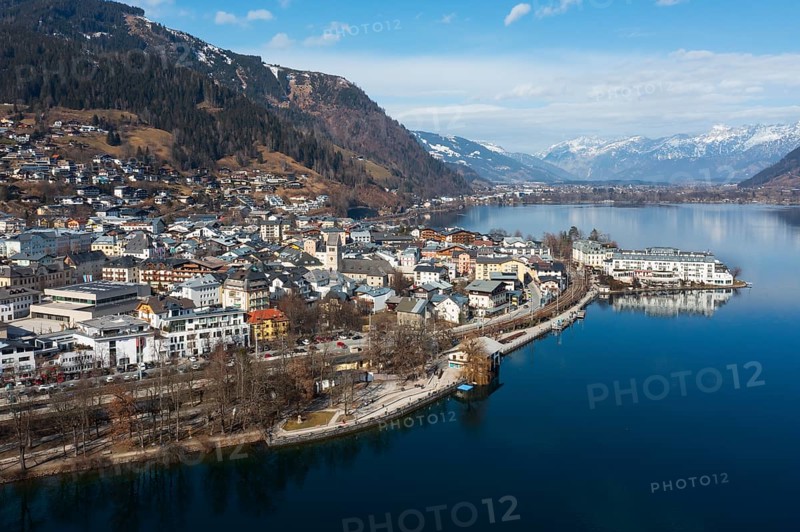 Drone shot, city view, Zell am See, Zeller See, Pinzgau, Land Salzburg, Austria, Europe