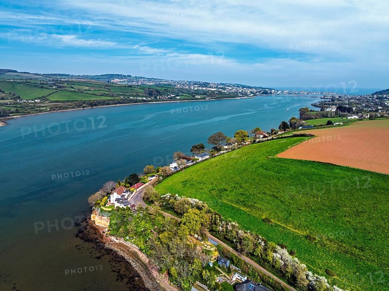 Farms and Fields over River Teign from a drone, Teignmouth, Shaldon, Devon, England, United Kingdom, Europe