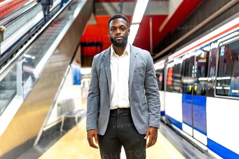 Young businessman standing on a subway platform, waiting for his train, symbolizing urban commuting and modern transportation