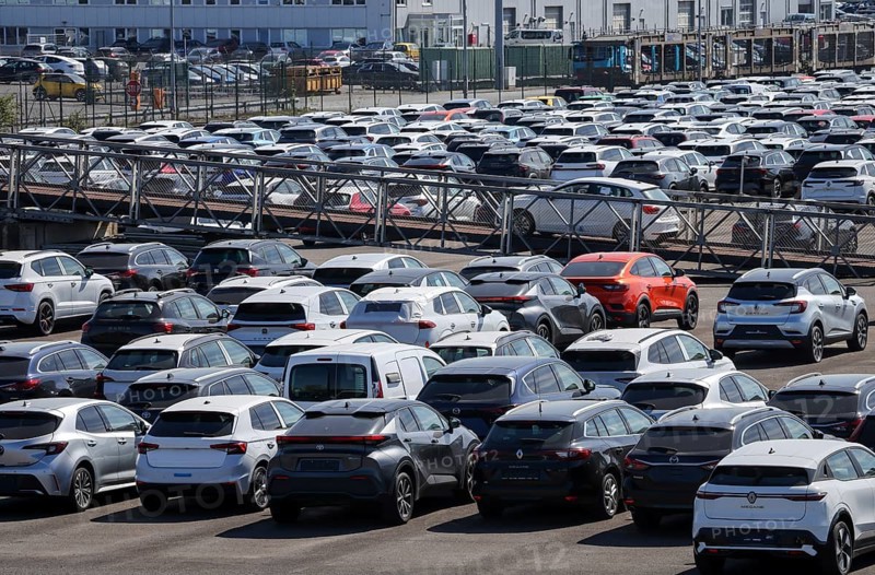 Duisburg, North Rhine-Westphalia, Germany - New cars, transhipment centre, car terminal in Duisburg port