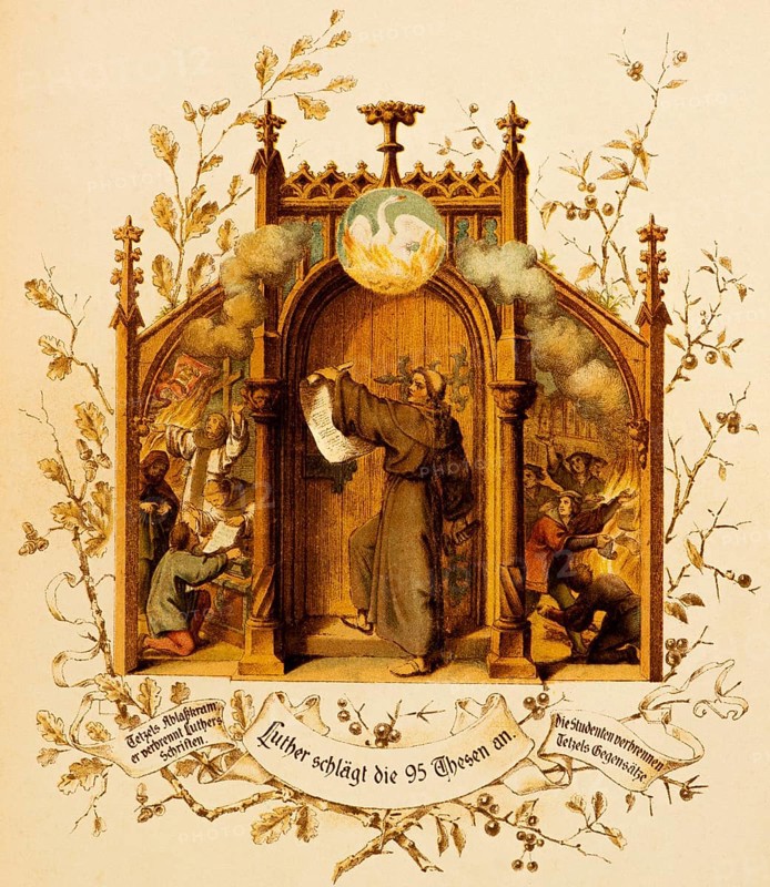 In 1517, Luther personally posted the 95 theses on the door of the castle church in Wittenberg, theses against the abuse of indulgences, Tetzel's indulgences, he burns Luther's writings, the students burn Tetzel's opposites, picture as a triptych, inscription and ornamentation, stations from Dr Martin Luther's life, coloured illustration ca. 1890