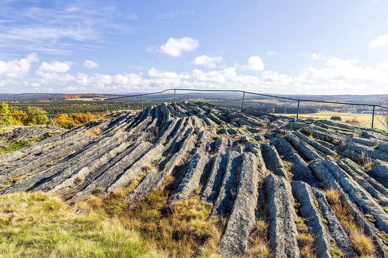 Exposed basalt outcrop from volcanic times, Hirtstein, Marienberg, Erzgebirge, Saxony, Germany, Europe