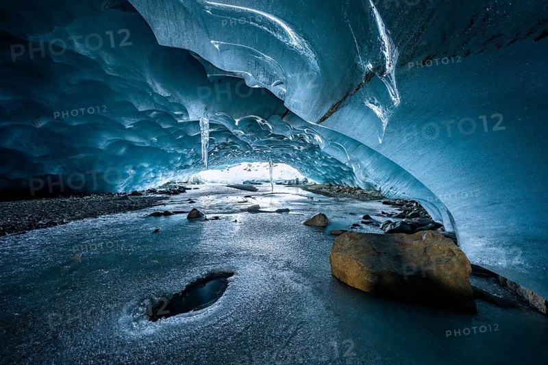 Glacier cave, ice cave, Morteratsch Glacier, Engadin, Grisons, Switzerland, Europe