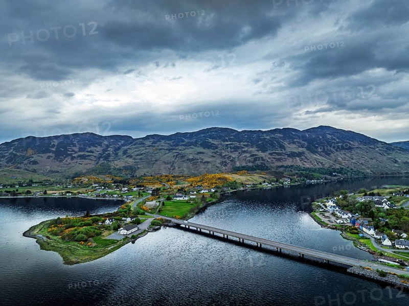 Loch Long Bridge or Dornie New Bridge from a drone, Loch Long River, Highlands, Scotland, England, United Kingdom, Europe