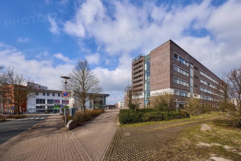 Town hall, trees, hedge, lantern, pavement made of concrete paving stones, asphalt road, blue sky with cumulus clouds, town hall square, Garbsen, Hanover region, Lower Saxony, Germany, Europe