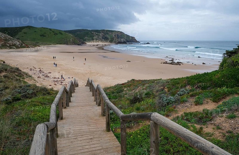 Carrapateira, Algarve, Portugal - Praia do Amado, wooden jetty to the surfers' beach on the west coast, on the Atlantic coast near Carrapateira