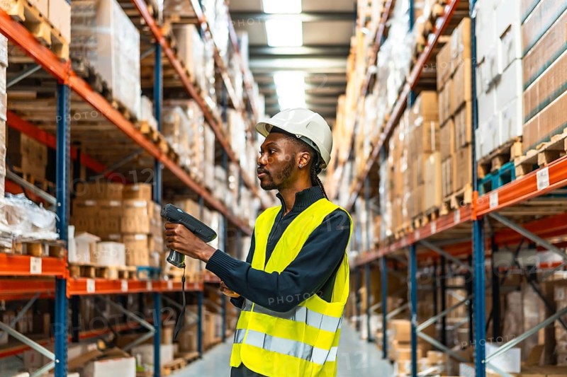 Side view of an african worker scanning packages with bar code reader