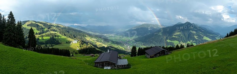 Alpine panorama in summer, rainbow, alpine hut, view over the Brixen valley, Hochbrixen, Brixen im Thale, Kitzbühel Alps, Tyrol, Austria, Europe