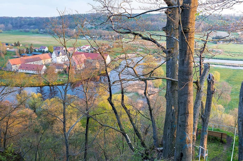 Maylust vantage point with a view of the Freiberg Mulde valley in the morning light, with Buch Monastery, Leisnig, Saxony, Germany, Europe