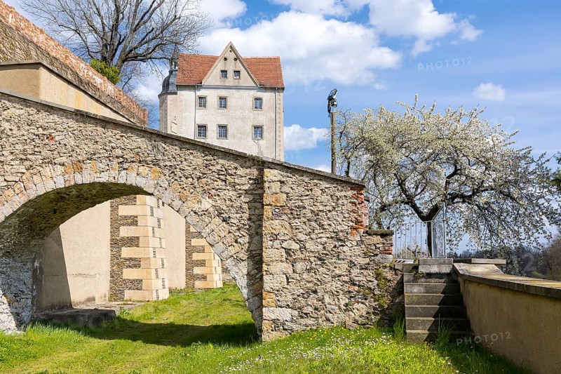Castle, arched bridge with retaining wall, Nossen, Saxony, Germany, Europe