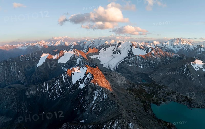 Evening mood, mountain panorama, aerial view, 4000 metre peak with glacier, mountain pass and mountain lake Ala-Kul Lake, Tien Shan, Kyrgyzstan, Asia