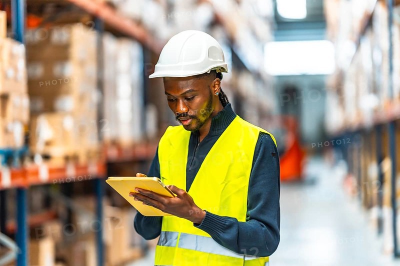 An african male warehouse worker taking inventory in the storage room