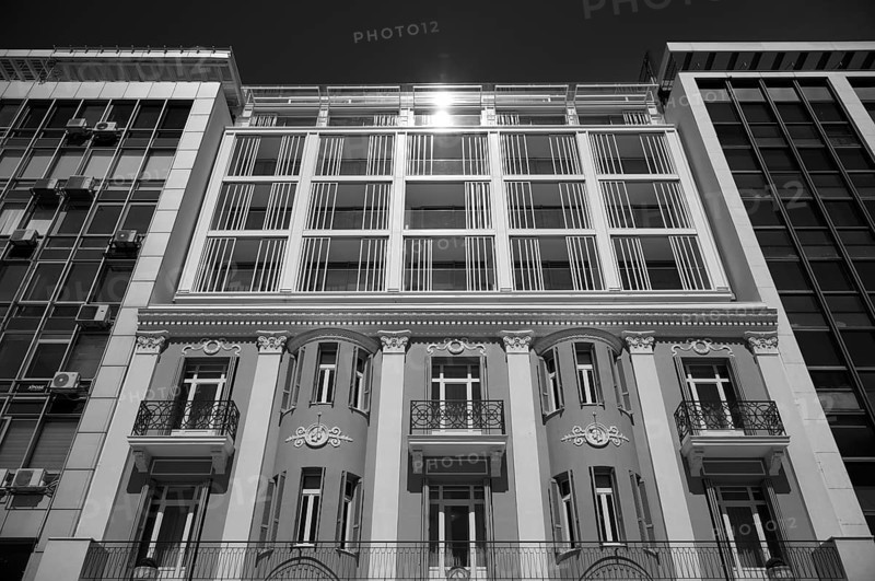 Facade of the residence Olympos Naoussa, black and white, Thessaloniki, Macedonia, Greece, Europe