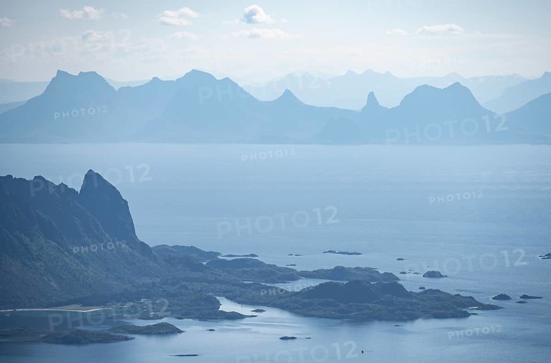 Mountain peak and fjord Austensfjorden, fjord landscape and sea, view from the summit of Rundfjellet, Nordland, Norway, Europe