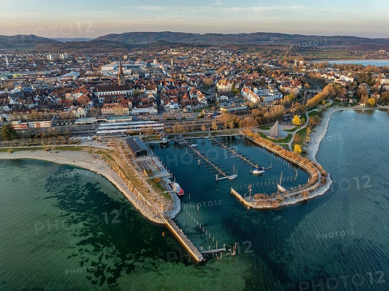 Aerial view of the town of Radolfzell on Lake Constance at low tide with the Wäschbruck harbour, harbour pier and concert sail, district of Constance, Baden-Württemberg, Germany, Europe