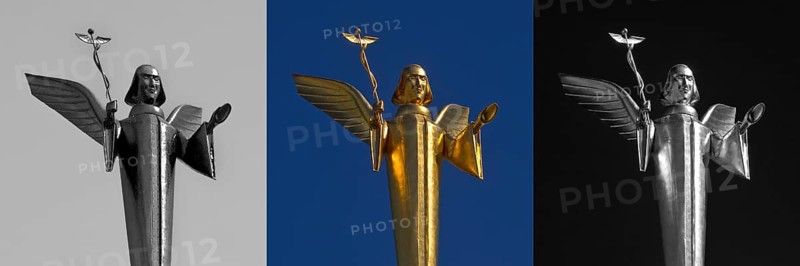 The Golden Angel by Fritz Bartsch-Hofer on the roof of the Engel pharmacy in Giessen, graphic variations, Hesse, Germany, Europe
