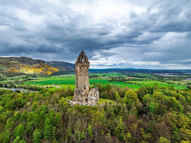 The National Wallace Monument or William Wallance Monument from a drone, Stirling, Scotland, England, United Kingdom, Europe