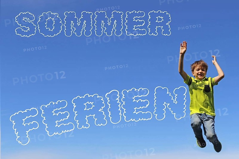 Summer holiday symbol: Lettering in front of a blue sky and a boy jumping in the air with joy