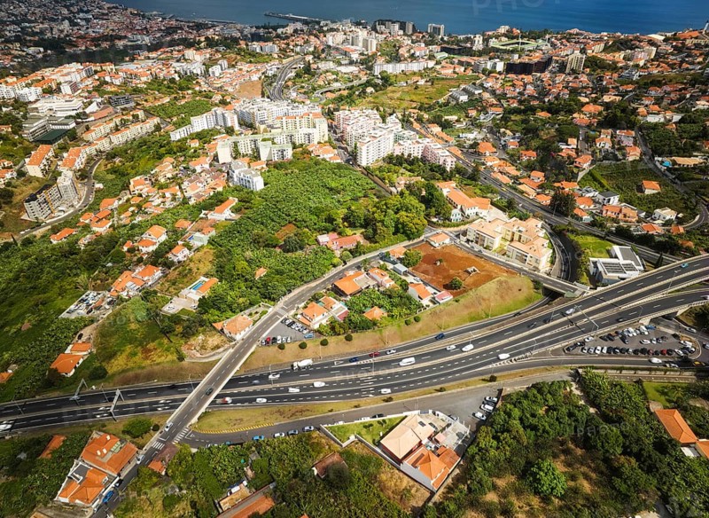 Aerial drone view of Funchal town, Madeira island, Portugal, Europe