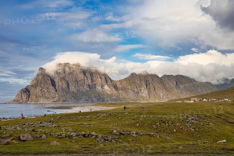 Tourists at Uttakleiv beach, Leknes, Nordland, Lofoten, Norway, Europe