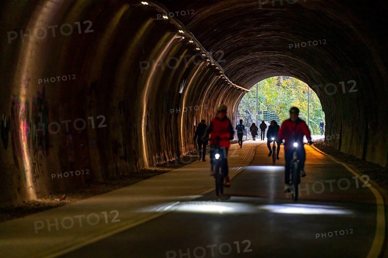 The Nordbahntrasse, a cycle path, footpath, on a former 22 KM long railway line, along the west-east axis of Wuppertal, on the northern slope, with many tunnels, viaducts and views of the city, tunnel passage, Wuppertal, North Rhine-Westphalia, Germany, Europe