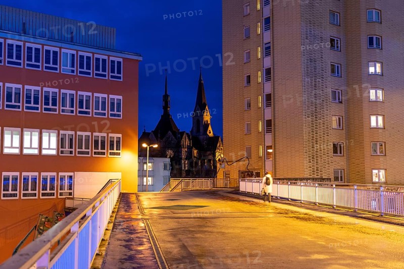 Skyline of the centre of the Essen-Steele district, Kaiser-Otto-Residenz senior citizens' housing estate, St. Laurentius Church, Saturn shopping centre, Essen, North Rhine-Westphalia, Germany, Europe