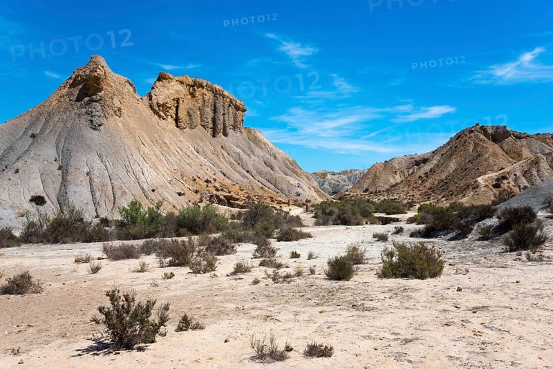 Dry desert landscape with sandy mountains and shrubs under a bright blue sky, Oasis de Lawrence de Arabia, Oasis, Tabernas Desert, Desierto de Tabernas, Tabernas, Almeria, Andalusia, Spain, Europe