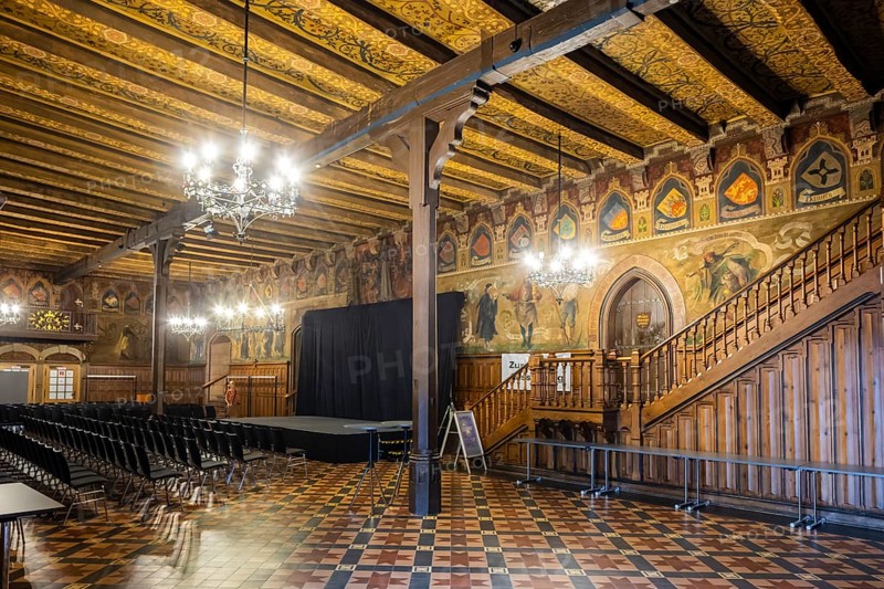 The Old Town Hall in Göttingen was built in several phases from 1270 and was the seat of the Göttingen City Council and administration until 1978. Town hall with murals, Göttingen cityscape, Göttingen, Lower Saxony, Germany, Europe