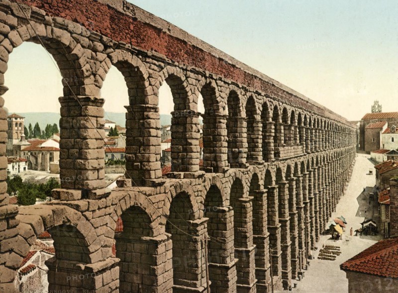 El Puente, Aqueduct of Segovia, Spain, around 1890, Historical, digitally restored reproduction from a 19th century model, Europe