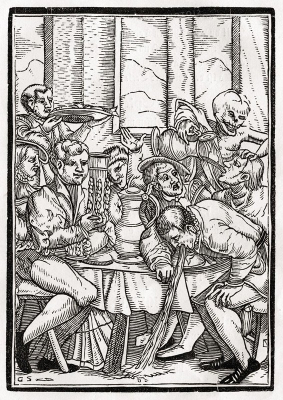 Der Tod holt den Trunkenbold Holzschnitt von Georg Scharffenberg nach Hans Holbein d. J. Aus Der Todten Tanz, Basel 1843, Death comes for the Drunkard Woodcut by Georg Scharffenberg after Hans Holbein the Younger From Der Todten Tanz or The Dance of Death published Basel 1843, Historisch, digital restaurierte Reproduktion von einer Vorlage aus dem 19. century, Record date not stated